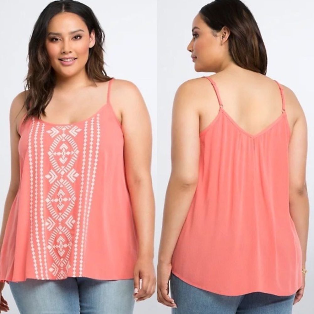 Torrid coral boho embroidered gauze cami tunic top